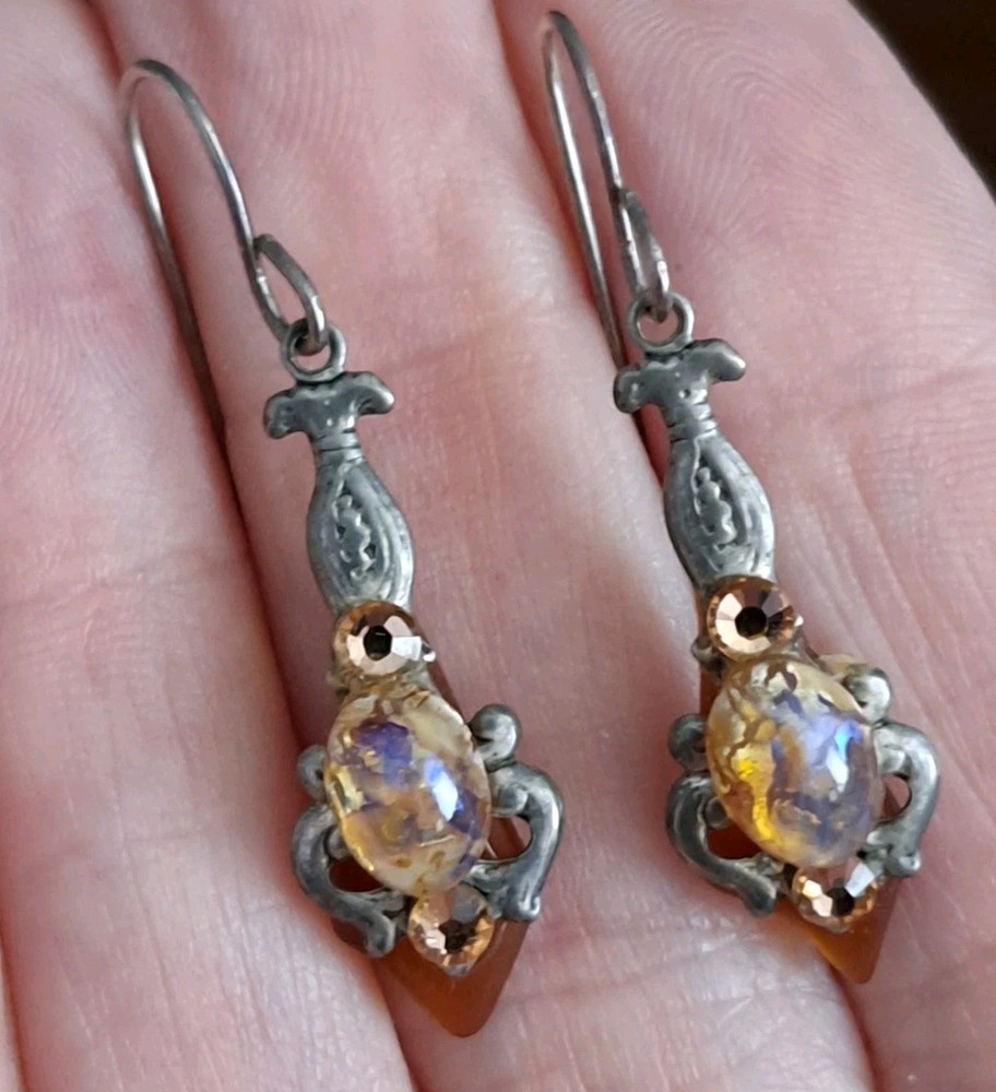 Vintage Sterling Silver Earrings .925 Harlequin Faux Opal Amber dangle
