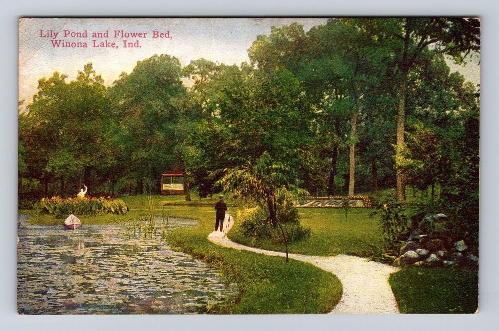Winona Lake IN-Indiana, Lily Pond & Flower Bed, Antique Vintage Postcard