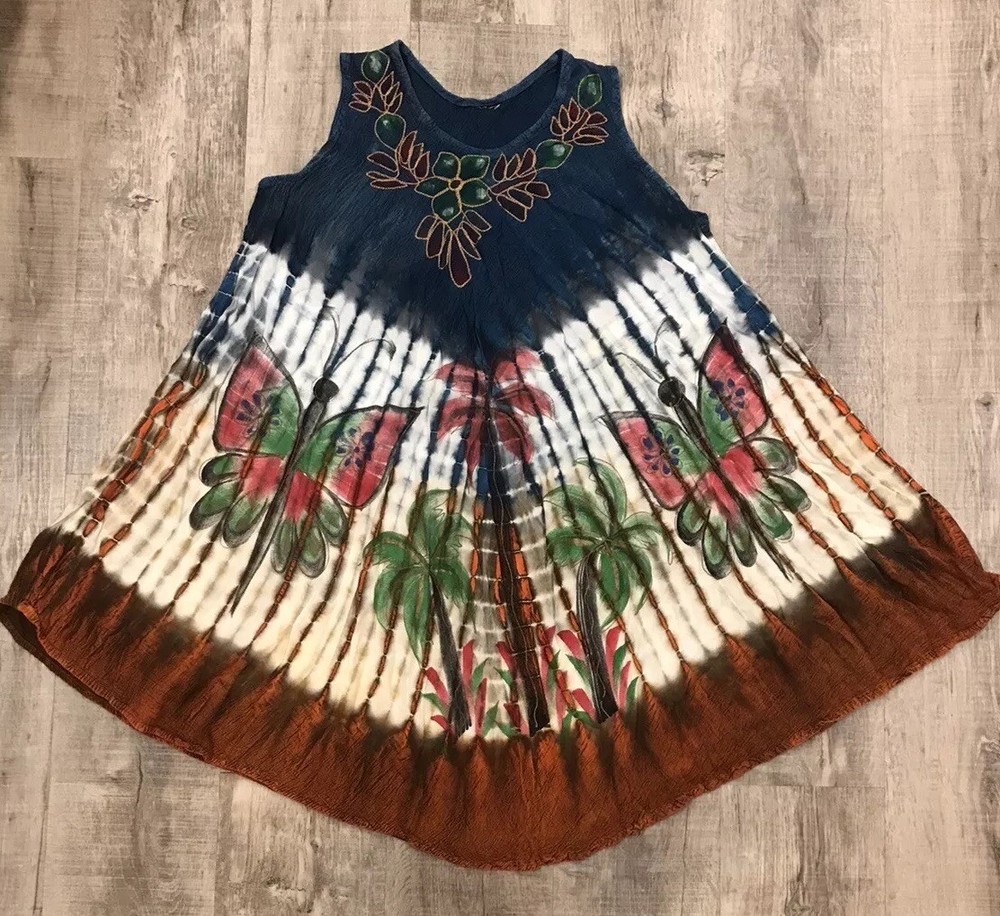 Acid Wash Tie-Dye Ombre Umbrella Dress with Embroidered Butterfly and Palm Design - Boho Chic Style for Women, Sizes M/L-image