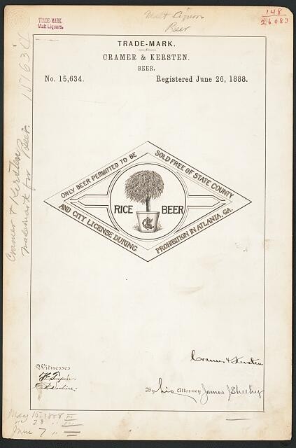 Photo:Atlanta Georgia 1888 Cramer Kersten Rice Beer Trademark Registration