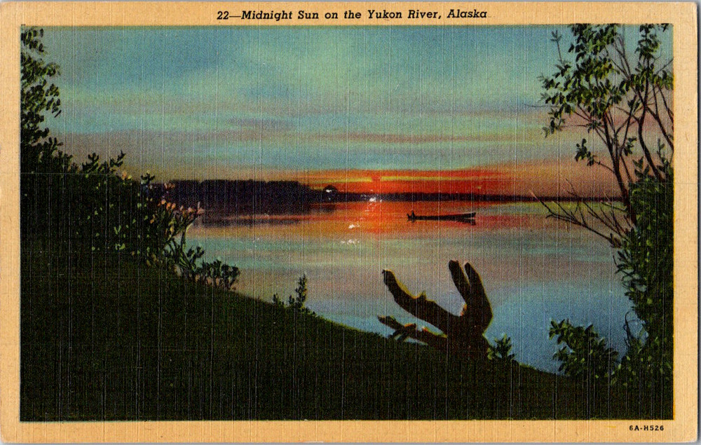 Vintage Postcard Midnight Sun On Yukon River Alaska Sunset