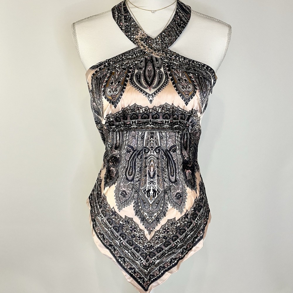 Cachè Fairycore Euro Y2K Silk Halter Top Womens Beaded Size S