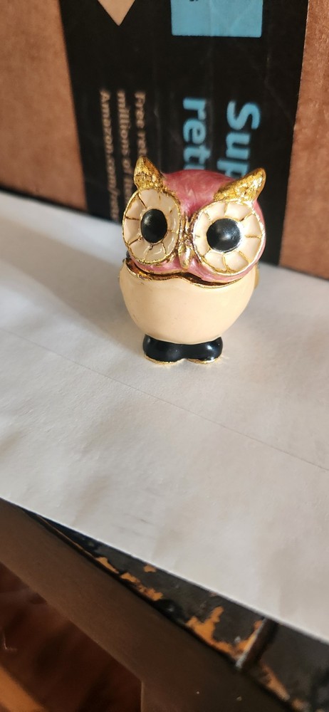 Owl Owlet Rhinestone Enamel Metal Hinged Trinket Box