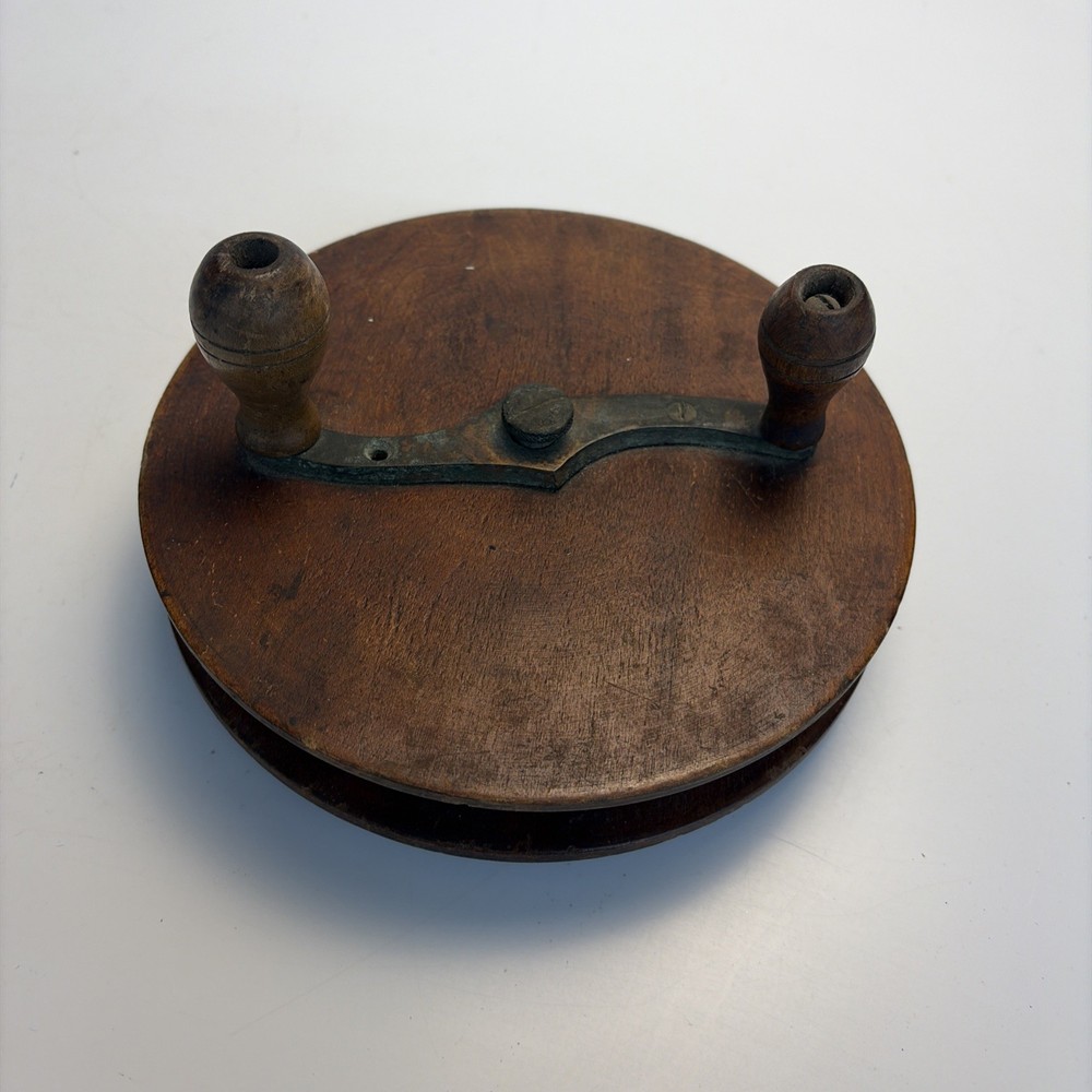 Antique Wooden Fishing Reel Hand Line Winder Wood Brass
