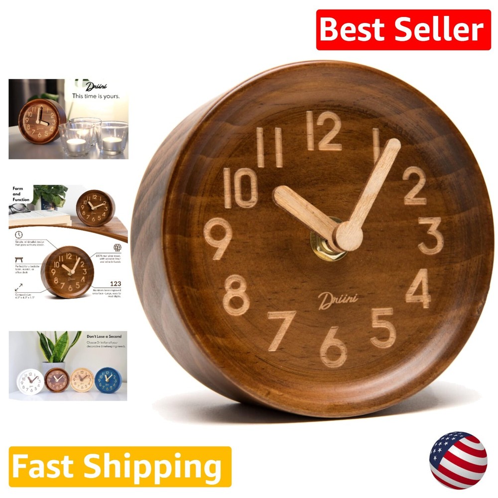 Analog Pinewood Desktop Clock - Silent Sweep Mantle Clock - Easy to Read - Brown