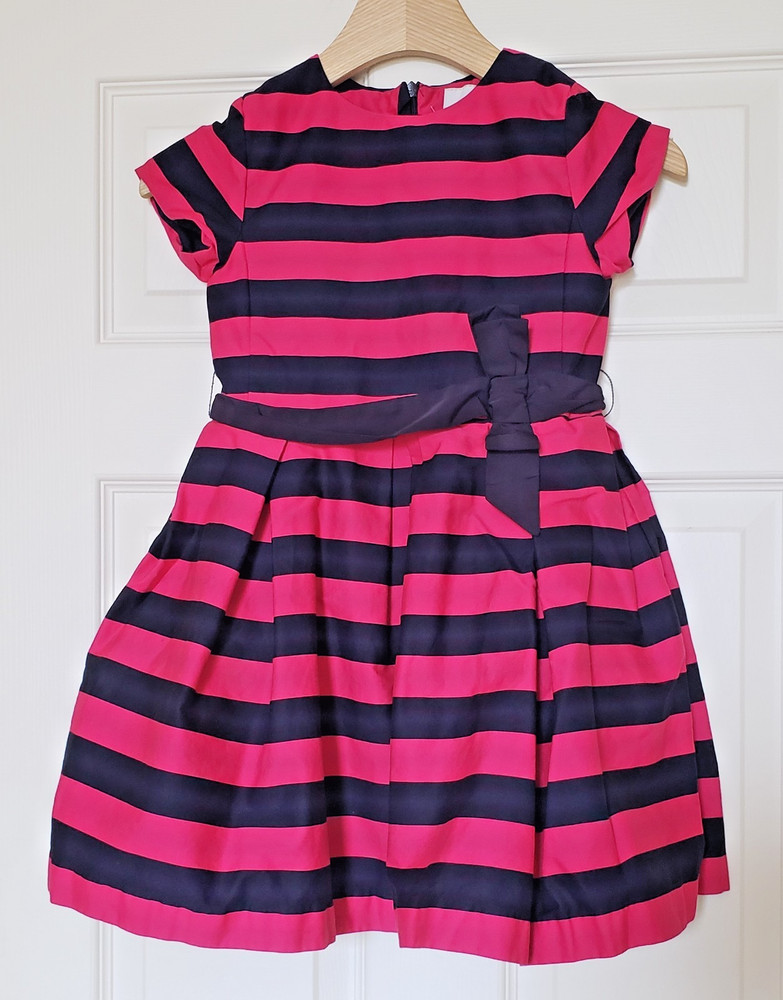 Jacadi Paris Girls Pink & Navy Blue Striped Bow Dress Size 8Y 128cm - EUC