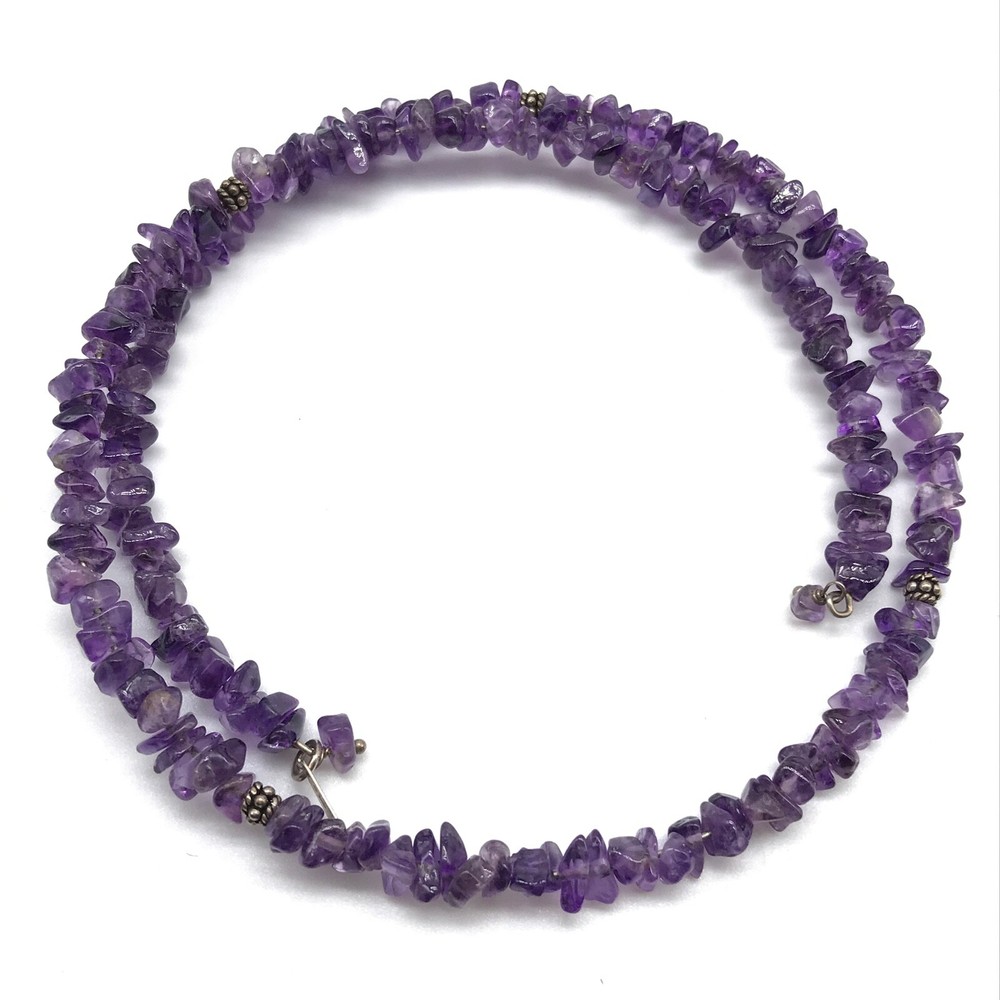 925 Sterling Silver Genuine Beaded Purple Amethyst Vintage Wrap Choker Necklace
