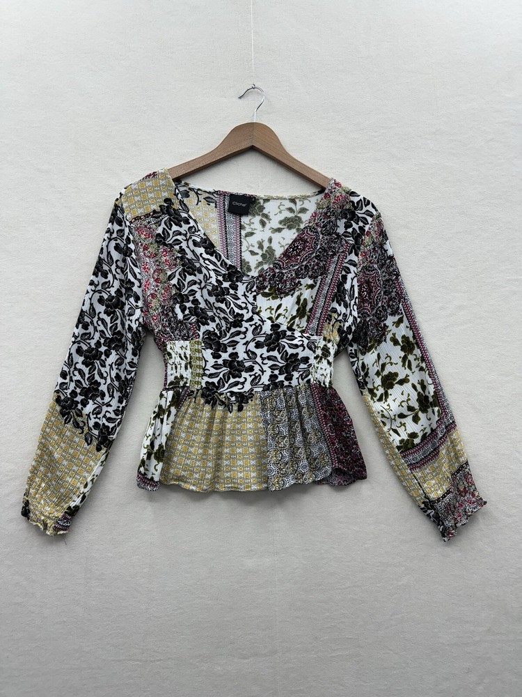 Cliche Women’s Small Peplum Smocked Waist Long Sleeve Patchwork Print Blouse