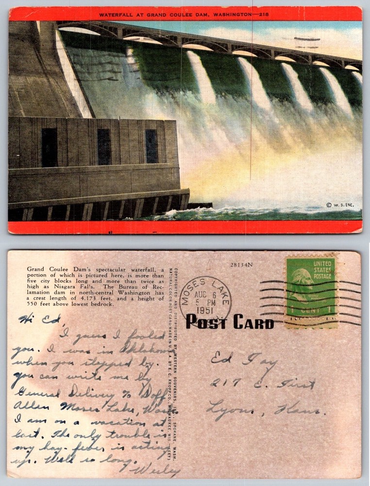 1951 Grand Coulee Dam Washington Waterfall Vintage Postcard Linen Posted