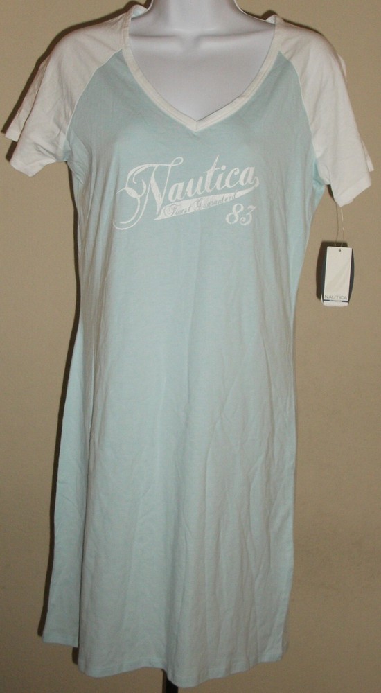 NWT NAUTICA blue with white trim V neck short sleeve sleep gown long T-shirt, L