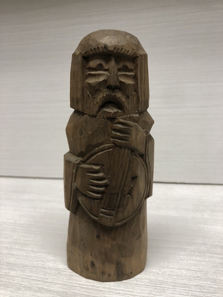 VTG Polish Folk Art Hand Carved Wood Musician Monk Playing Stringed Instrument