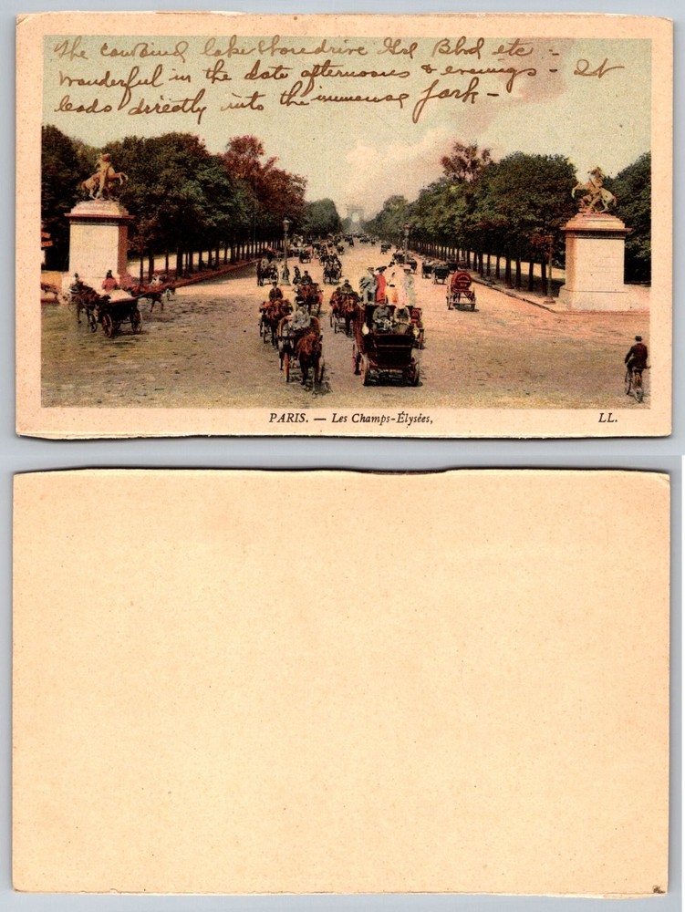 Vintage Paris Champs-Élysées Postcard, Horse Carriages, Arc de Triomphe 1900s