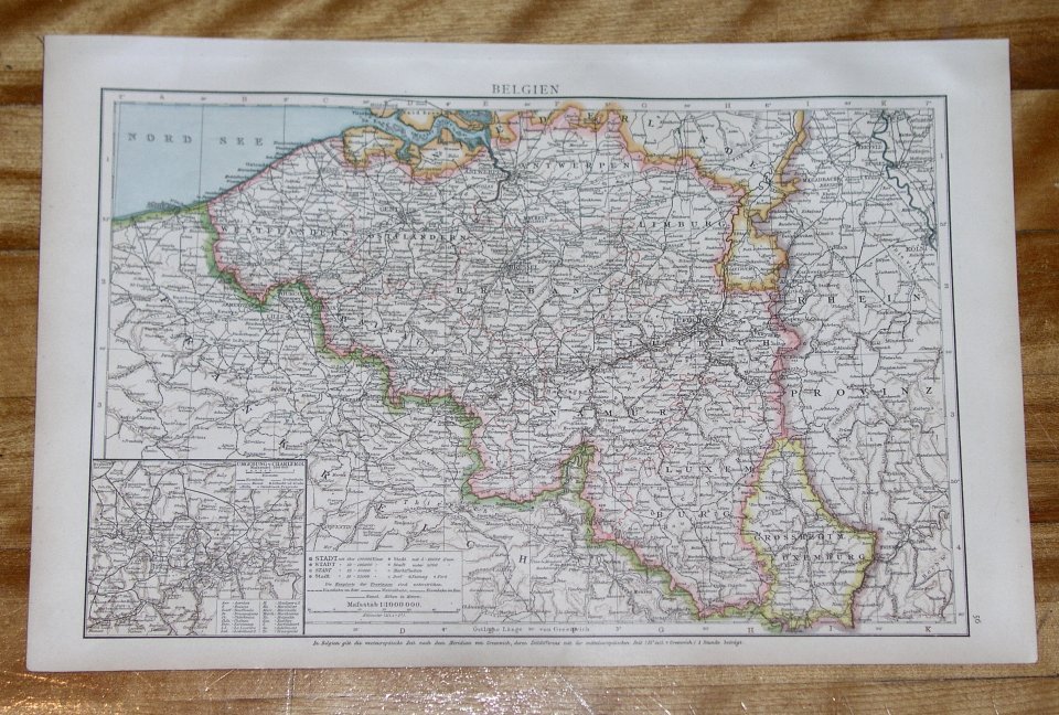 1893 Original Antique Map Of Belgium / Charleroi Inset Map / Luxembourg