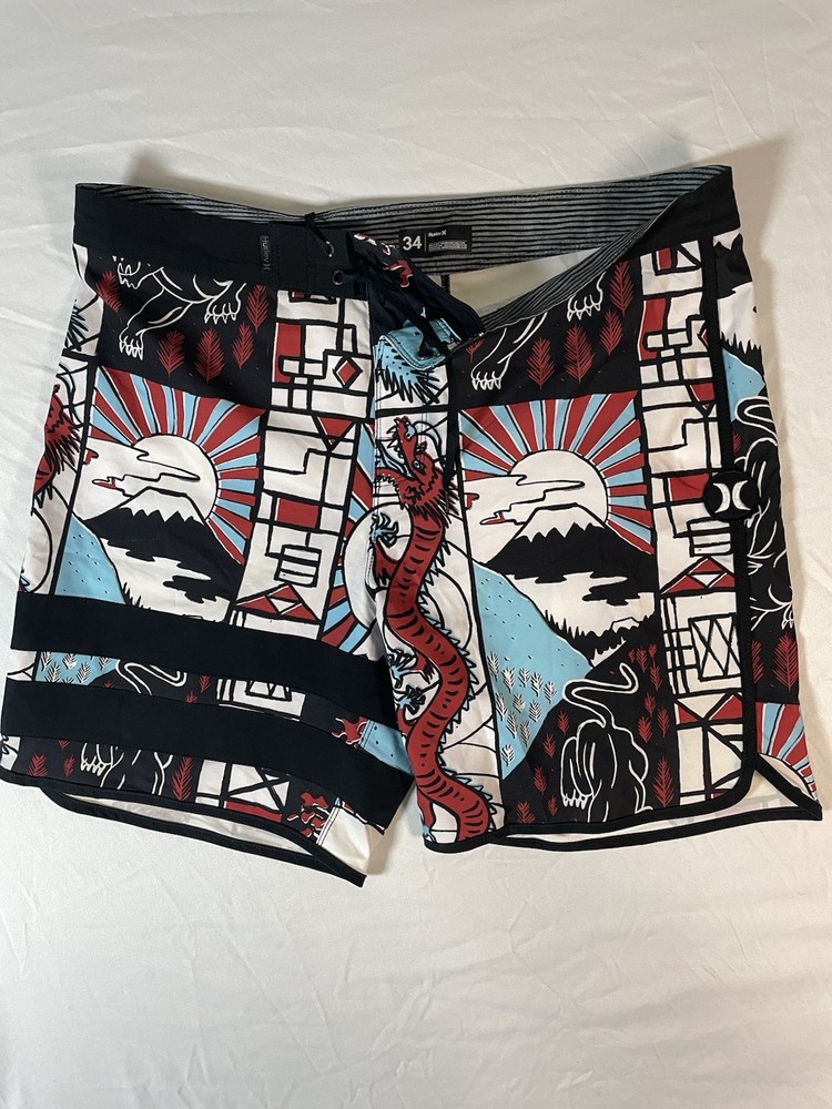 Hurley Board Shorts Men 34 Phantom Art Print Waves Sun Palm Tree Surf Swim Trunk