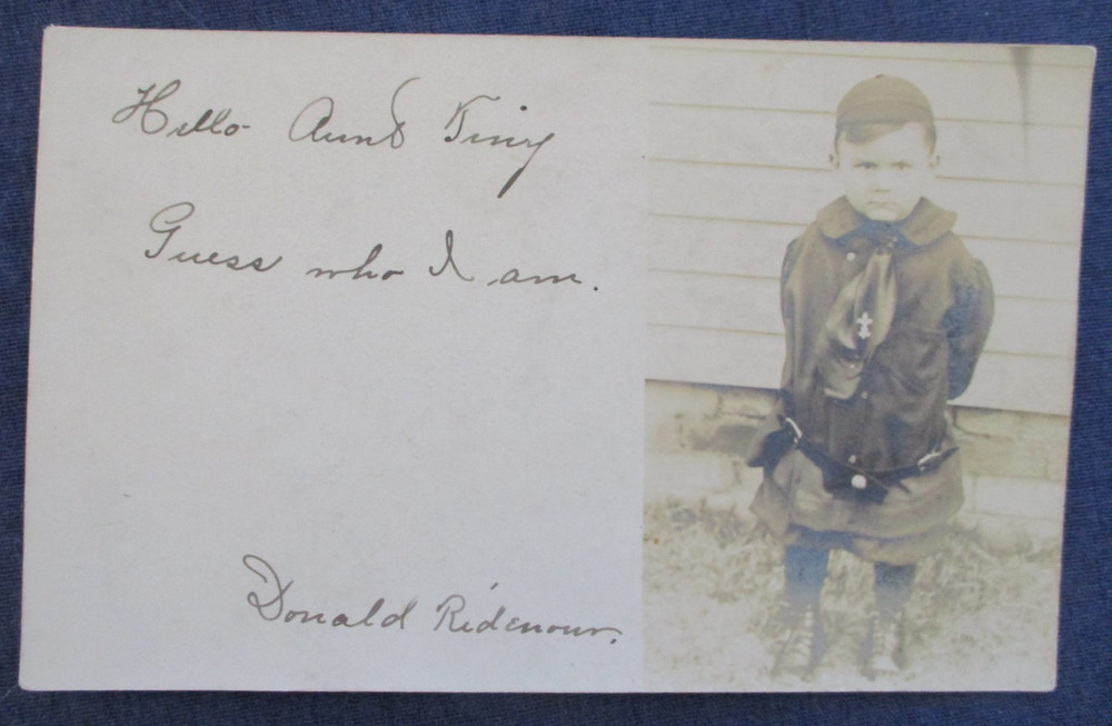 RPPC Id'd Boy Donald Ridenour in School Uniform 1900s Michigan? Postcard