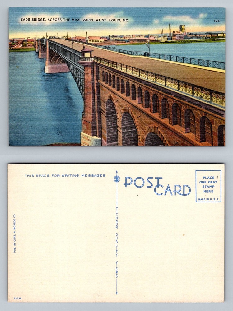 St Louis, MO-Missouri, Eads Bridge Across The Mississippi River Vintage Postcard