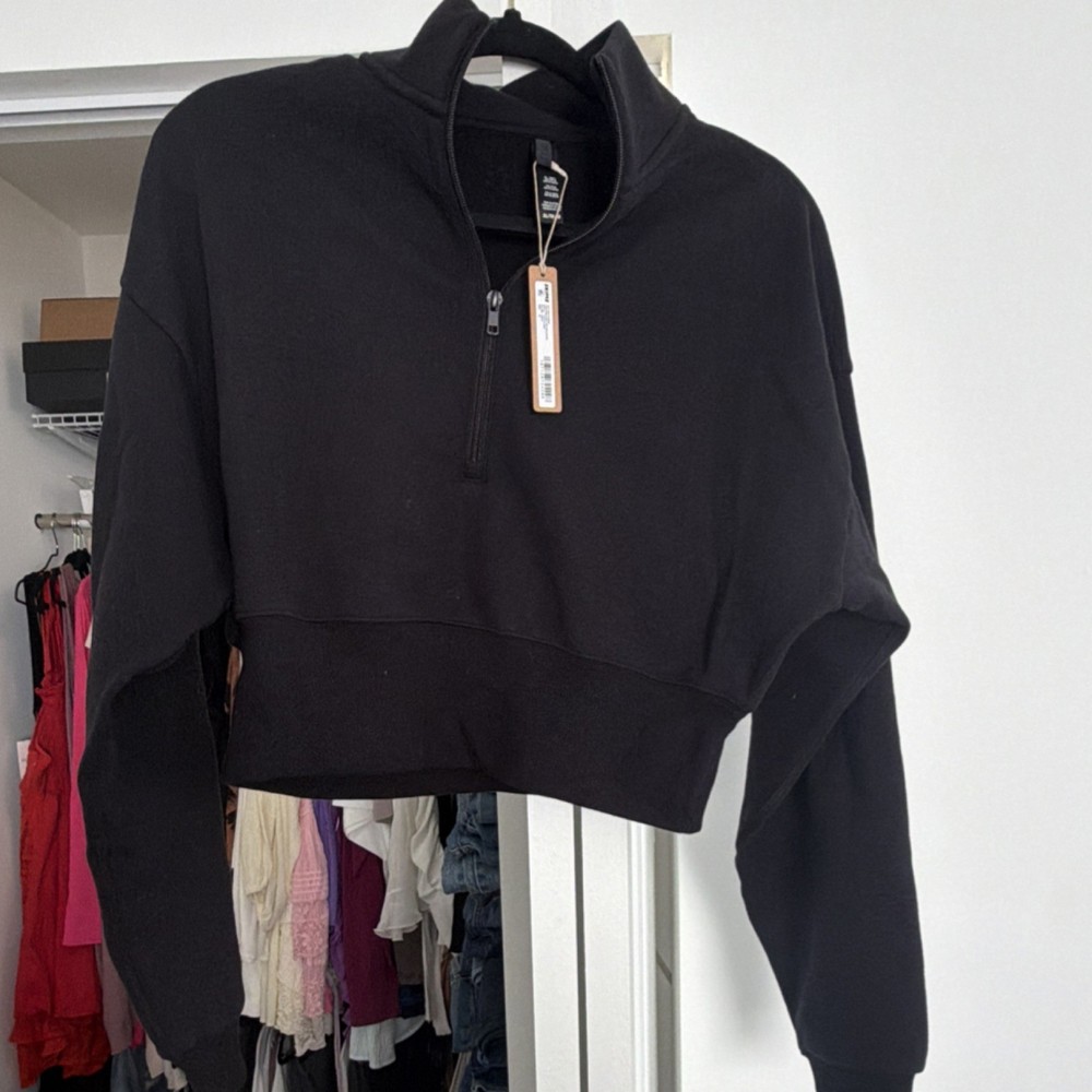 SKIMS Black Fleece Half-Zip Pullover Sweatshirt XL Women's Long Sleeve Mock Neck