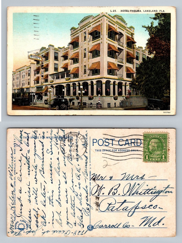 Lakeland, FL-Florida, Hotel Thelma Corner Street View Vintage c1925 Postcard