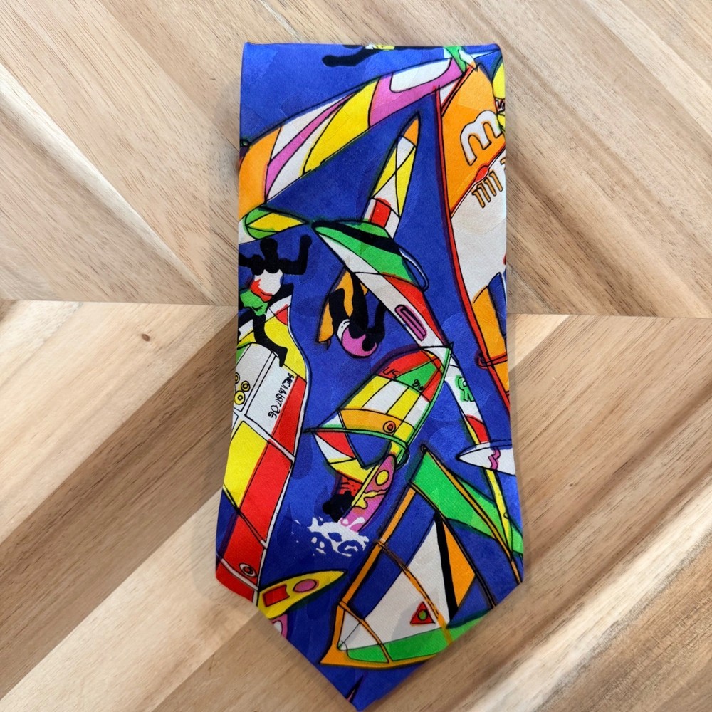 VTG Max Deco Mens Silk Tie Windsurfing Graphic Abstract Nautical Blue Multi Art-image