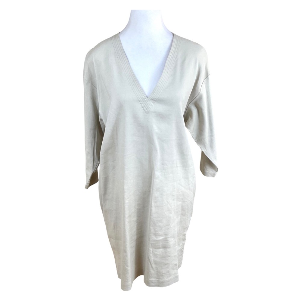Theory Linen Blend Dress Beige V-Neck (L)