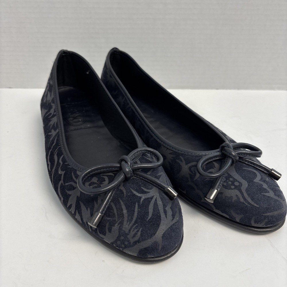 The FLEXX Navy Blue Leather Ballet Flats Shoes With Swirl Design Size 8 EUC