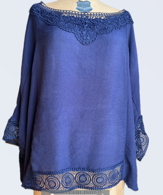 Zac & Rachel Womens XL Top Cover Up Batwing Guipure Lace Royal Blue Boho Flowy