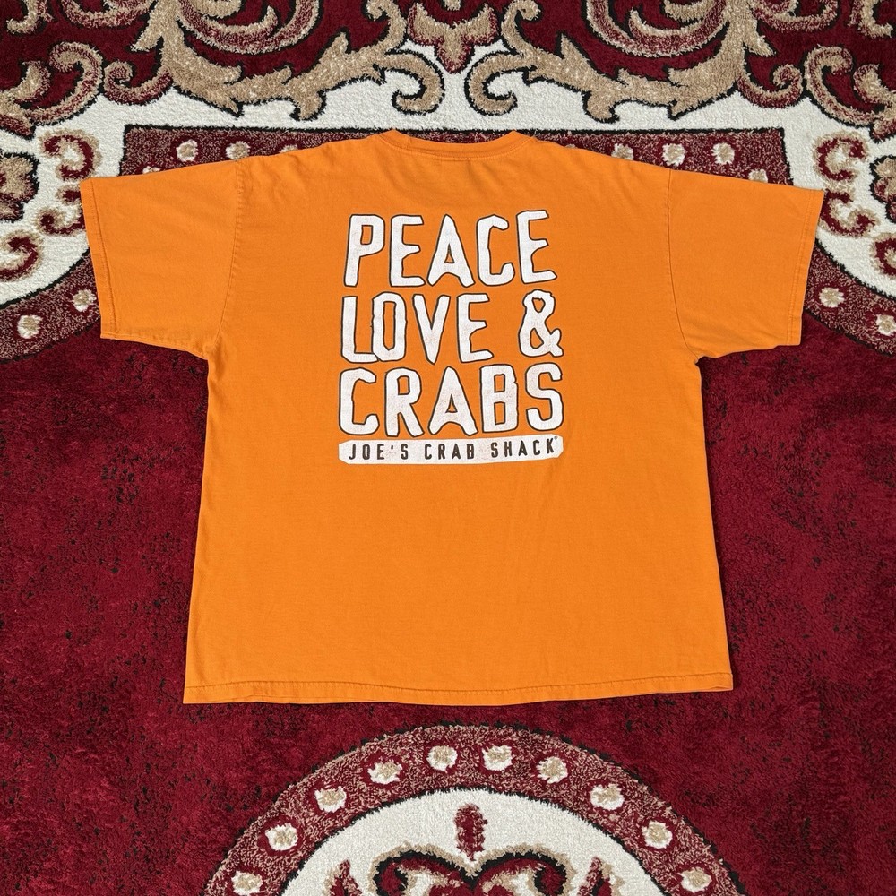 Vintage Y2K Joes Crab Shack Peace Love Crabs Orange T Shirt Size XL