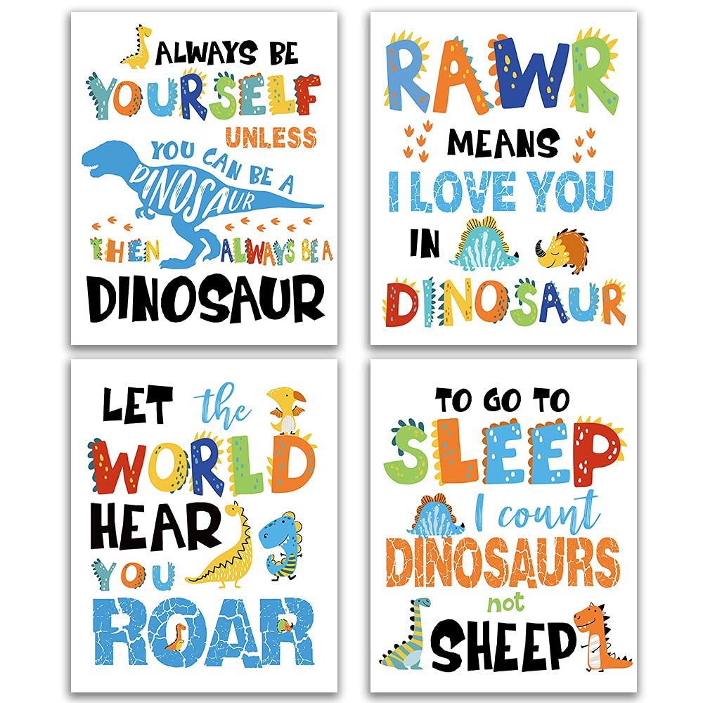 Inspirational Dinosaur Room Decor for Boys Girls - Wall Art Set of 4 (8