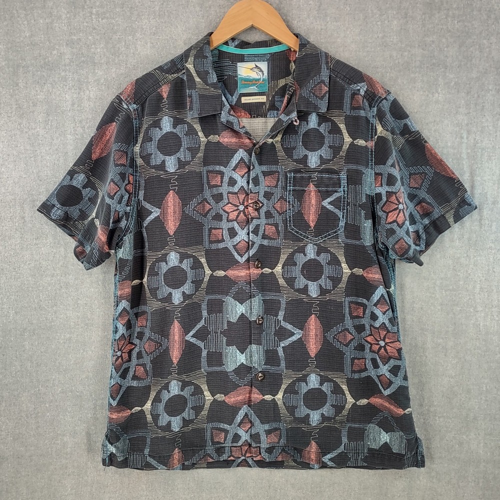 Tommy Bahama Camp Shirt Mens Large Silk Geometric Hawaiian Loop Collar Short Slv