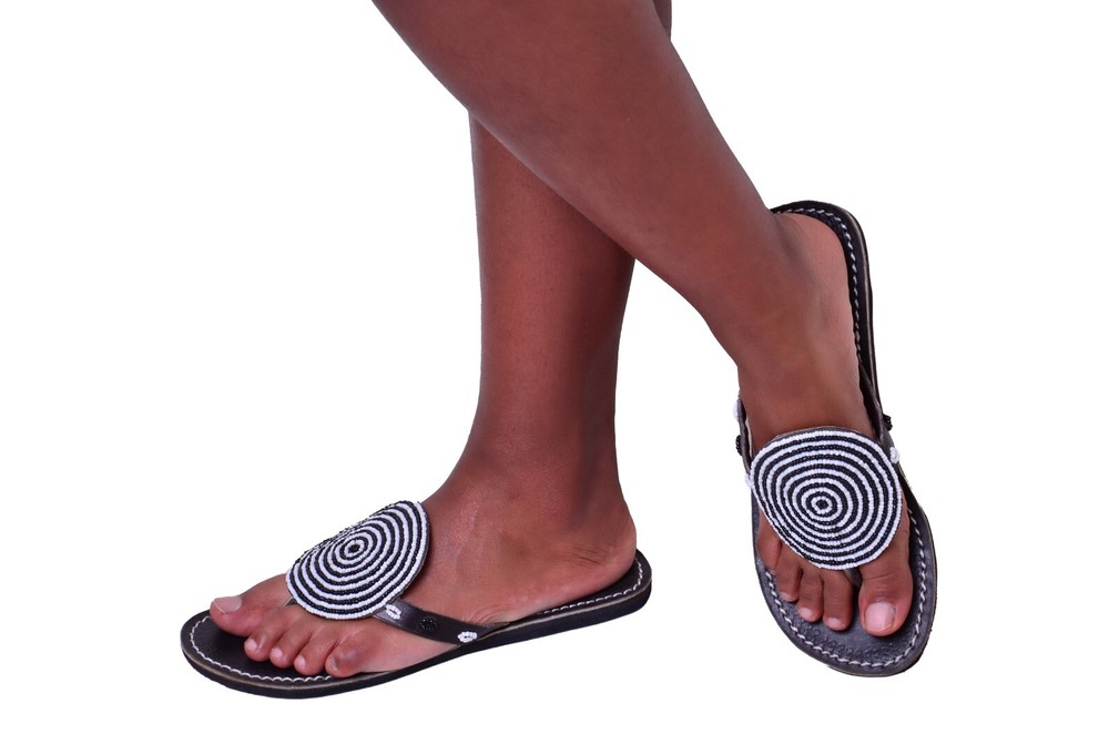 Beaded Women African Slippers Sandals Bohemian Summer Leather Masai Kenyan Black