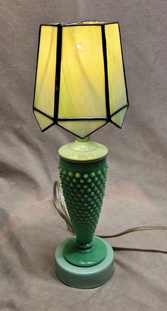 Vintage Green Jadeite Hobnail Boudoir Lamp w/ Slag Glass Shade