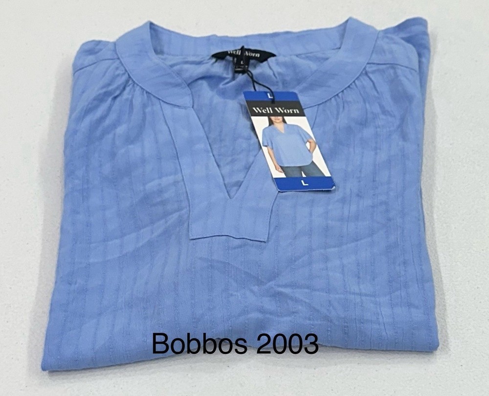 Well Worn Women's Short Sleeve V-Neck Blouse, Blue, Size L
