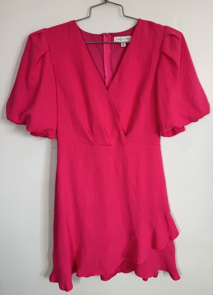 SHE+SKY Wrap Front Hot Pink Ruffle Mini Dress Puff Sleeves Size M Cruise Beach