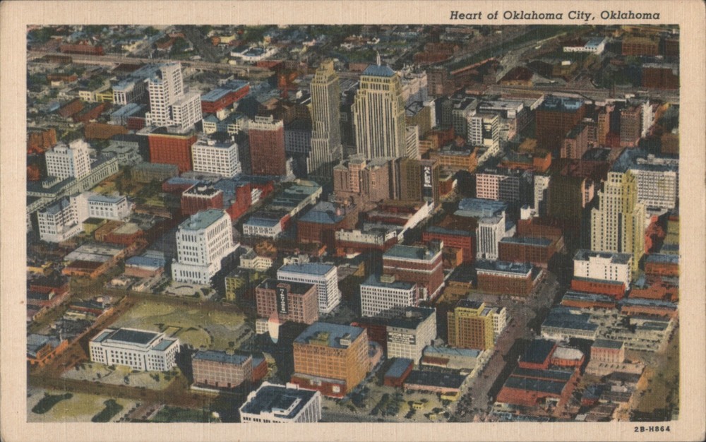 Oklahoma City, OK Heart of City Skyline Aerial View Teich Original Vintage