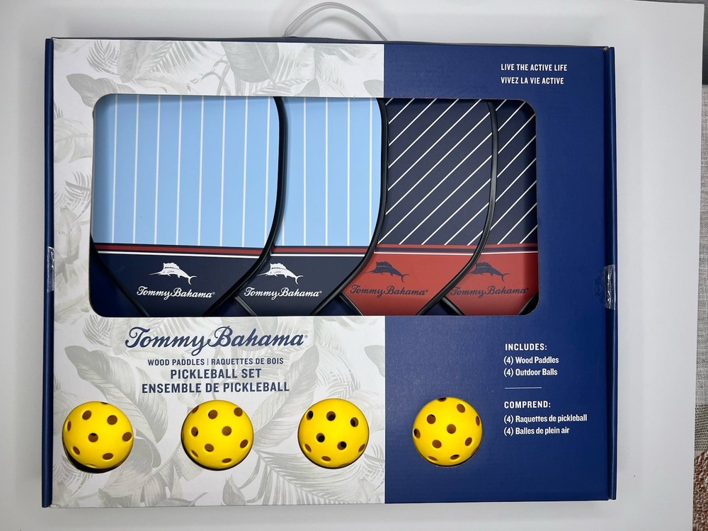 Tommy Bahama Wood Pickleball Set with 4 Paddles and 4 Yellow Balls