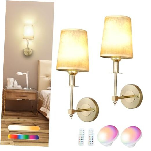 Battery Operated Wall Sconces Set of Two, Wireless Battery Wall Light with Gold