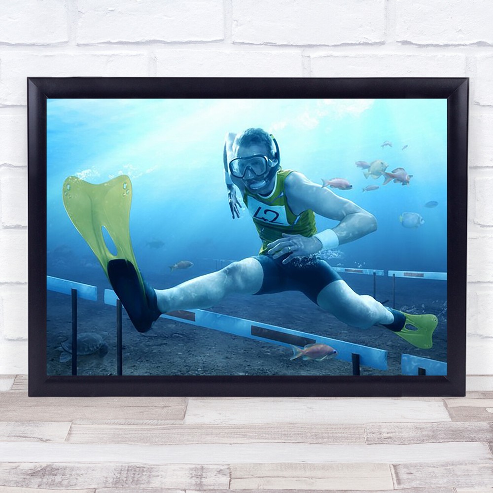 Underwater Hurdling Humour Humour Running Fish Oceanic Aqua Bubbles Art Print
