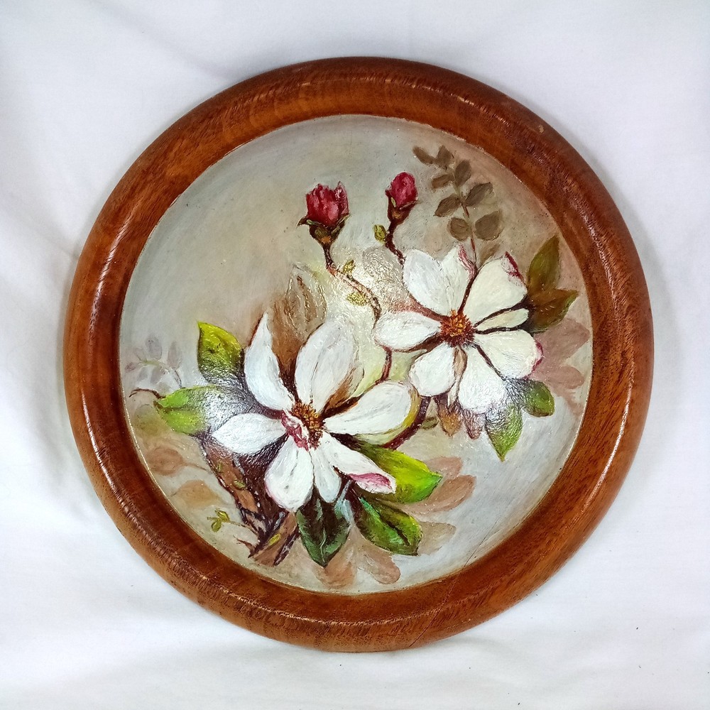 Vintage 1970s Original Hand Painted Floral Art in Round Solid Wood Frame OOAK