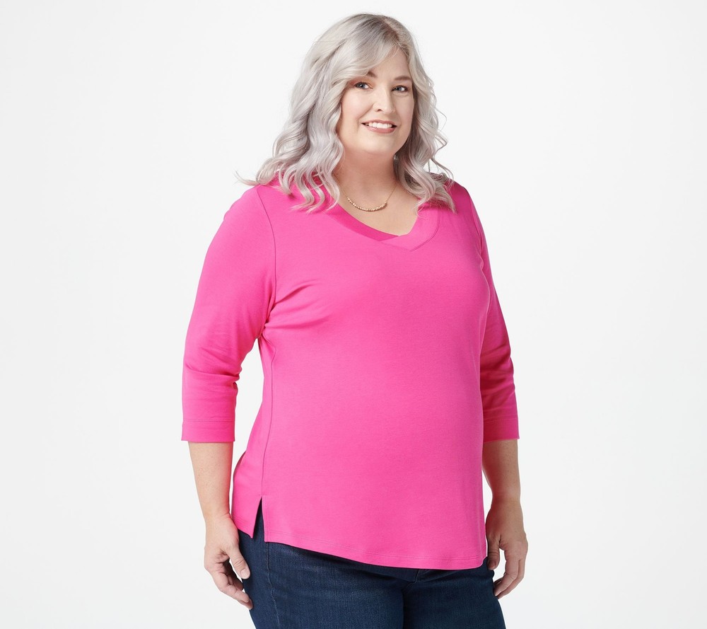 Isaac Mizrahi Live! Women's Top Sz M Essentials Pima Cotton V-Neck Pink A389677
