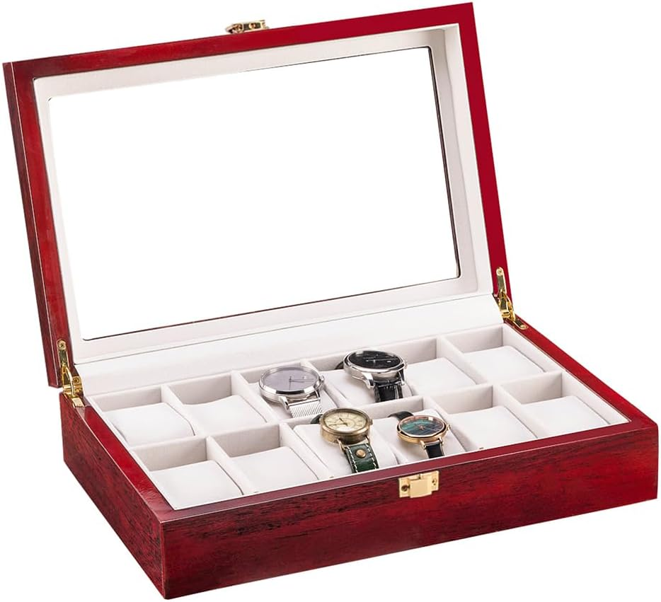 12 Slots Wooden Case Watch Display Box for Men Women Glass Top Collection Box Je