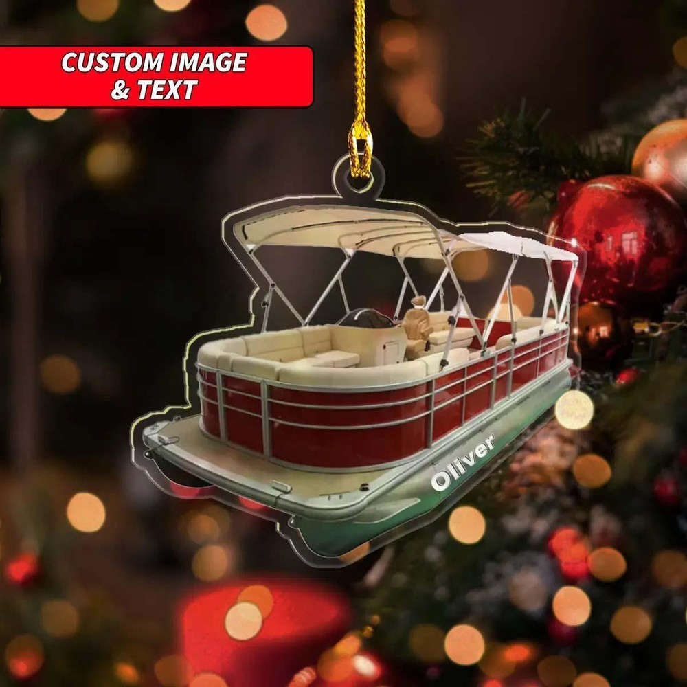 Personalized Red Pontoon Boat Christmas Ornament  Custom Pontoon Boat Keychain O