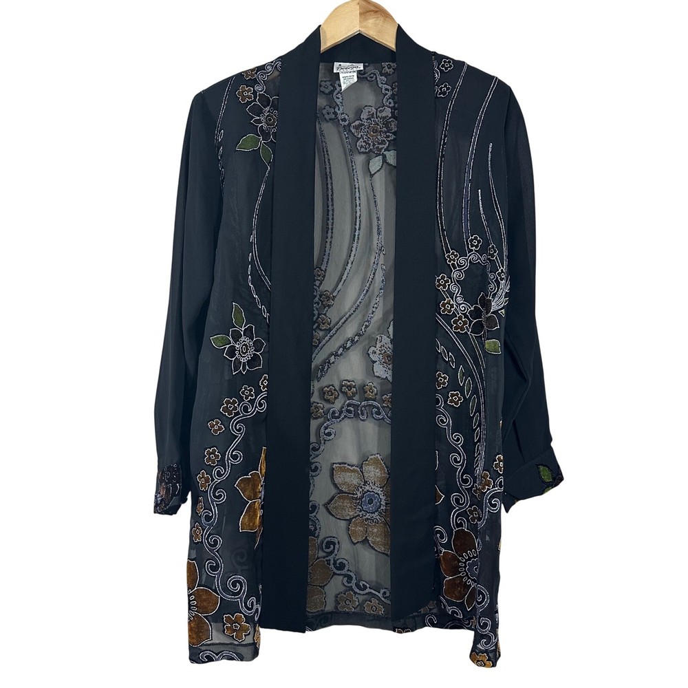 LA Design Fashion Women's Kimono Vintage Black Floral Sheer Burnout Size M