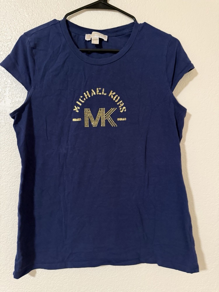 Michael Kors Navy Short-sleeve T-shirt with A Gold Leaf/Rhinestone Logo. Size L