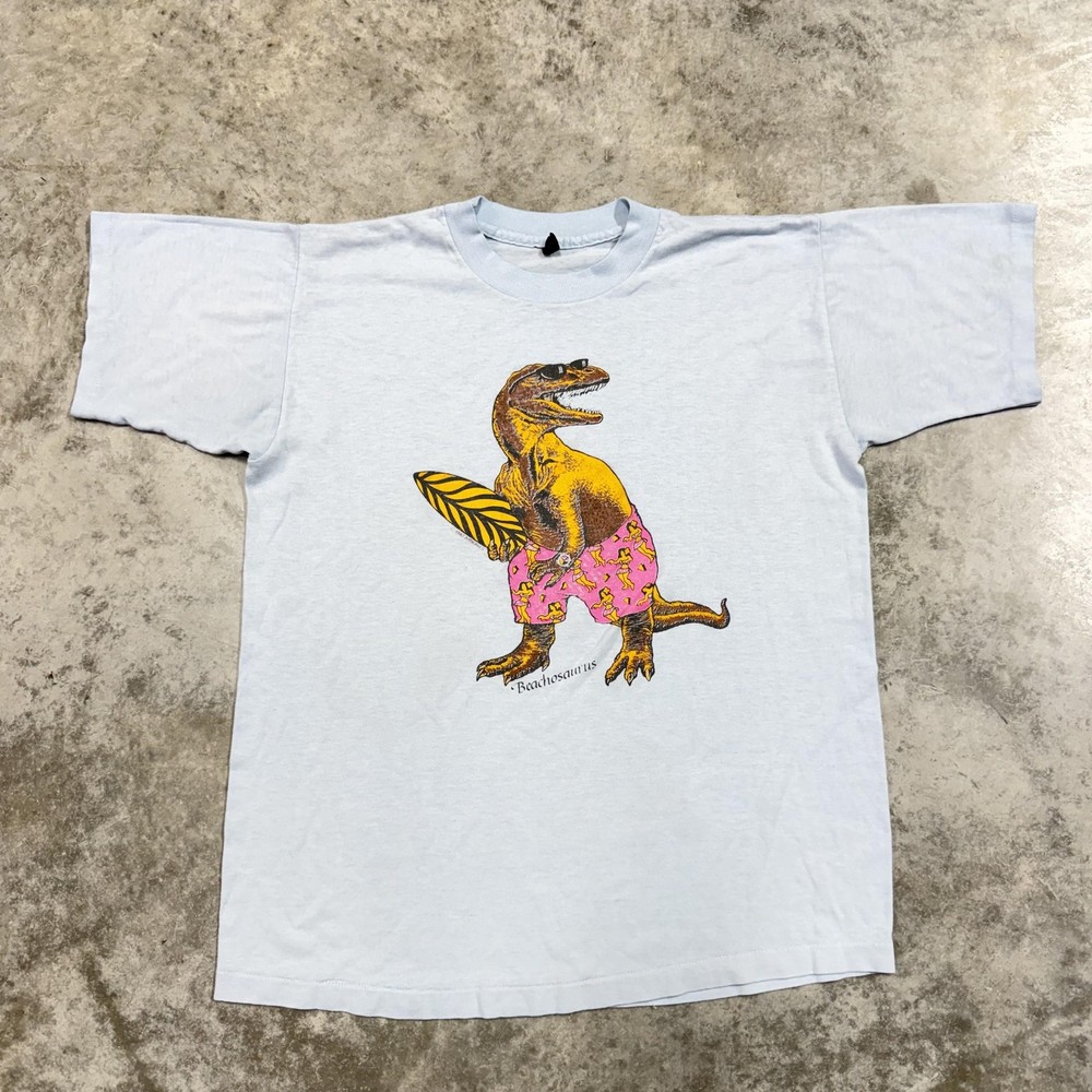 Vintage Beachosaurus Shirt Mens medium Blue Dinosaur Surfing Graphic T-Shirt 80s