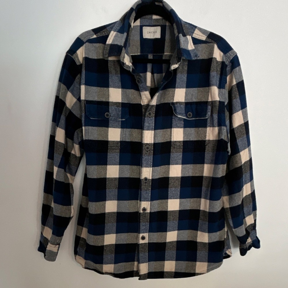 JACHS  Blue Flannel Cotton Button-Up Shirt Long Sleeve Hunting Camping Shacket