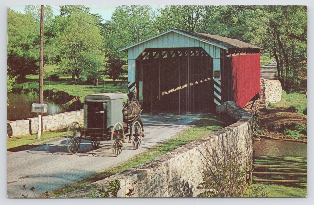 Bridge~Paradise Bridge & Amish Carriage @ Pequea Creek~Vintage Postcard