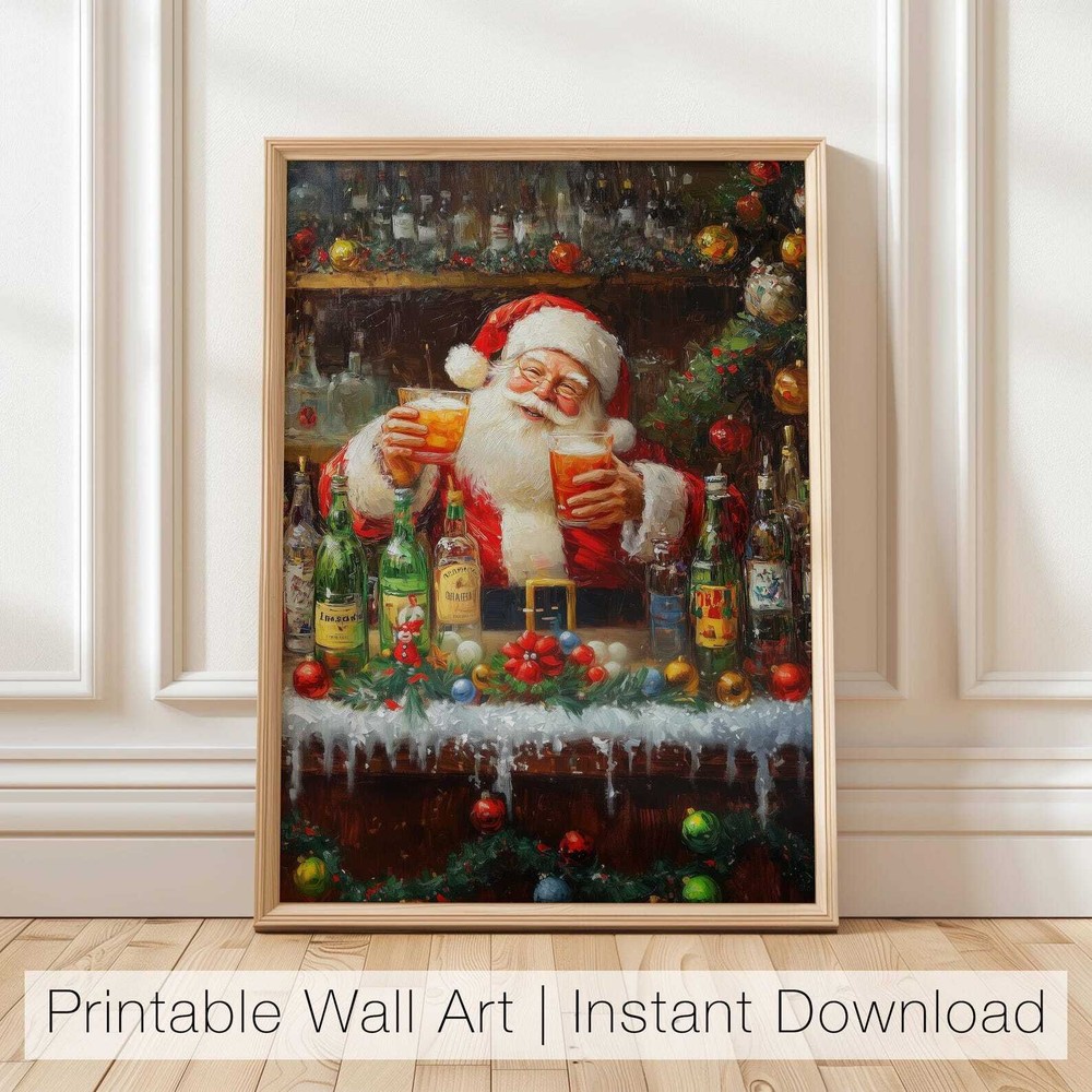 Funny Santa Claus Bar Art Christmas Printable Decor Holiday Wall Art Santa