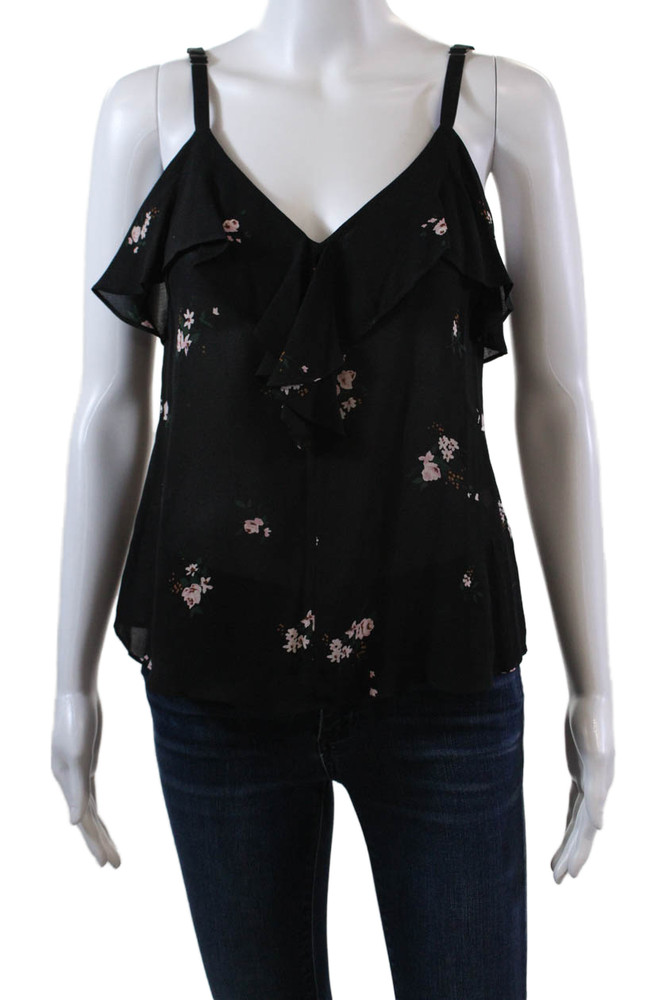 ALC Womens Sleeveless V Neck Ruffled Floral Silk Top Black Size 2Free Shipping in US $100+ Orders | $6.95 Orders Below