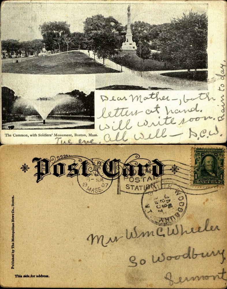 Boston Common with Soldiers Monument Boston Massachusetts UDB 1907