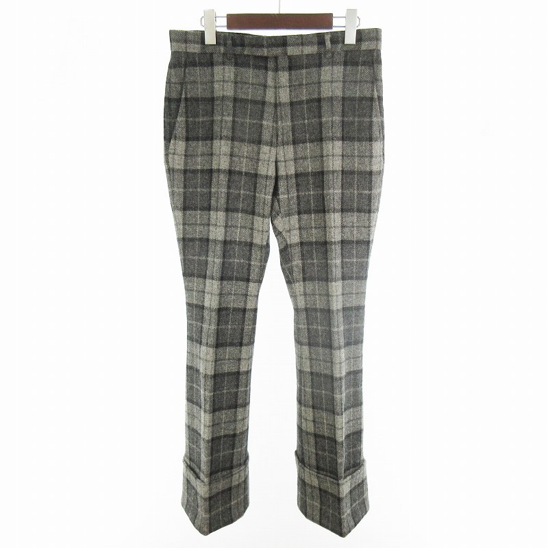 Wide Pants Slacks Check Double Gray Wool 44 Bottoms Kering Japan Division Made